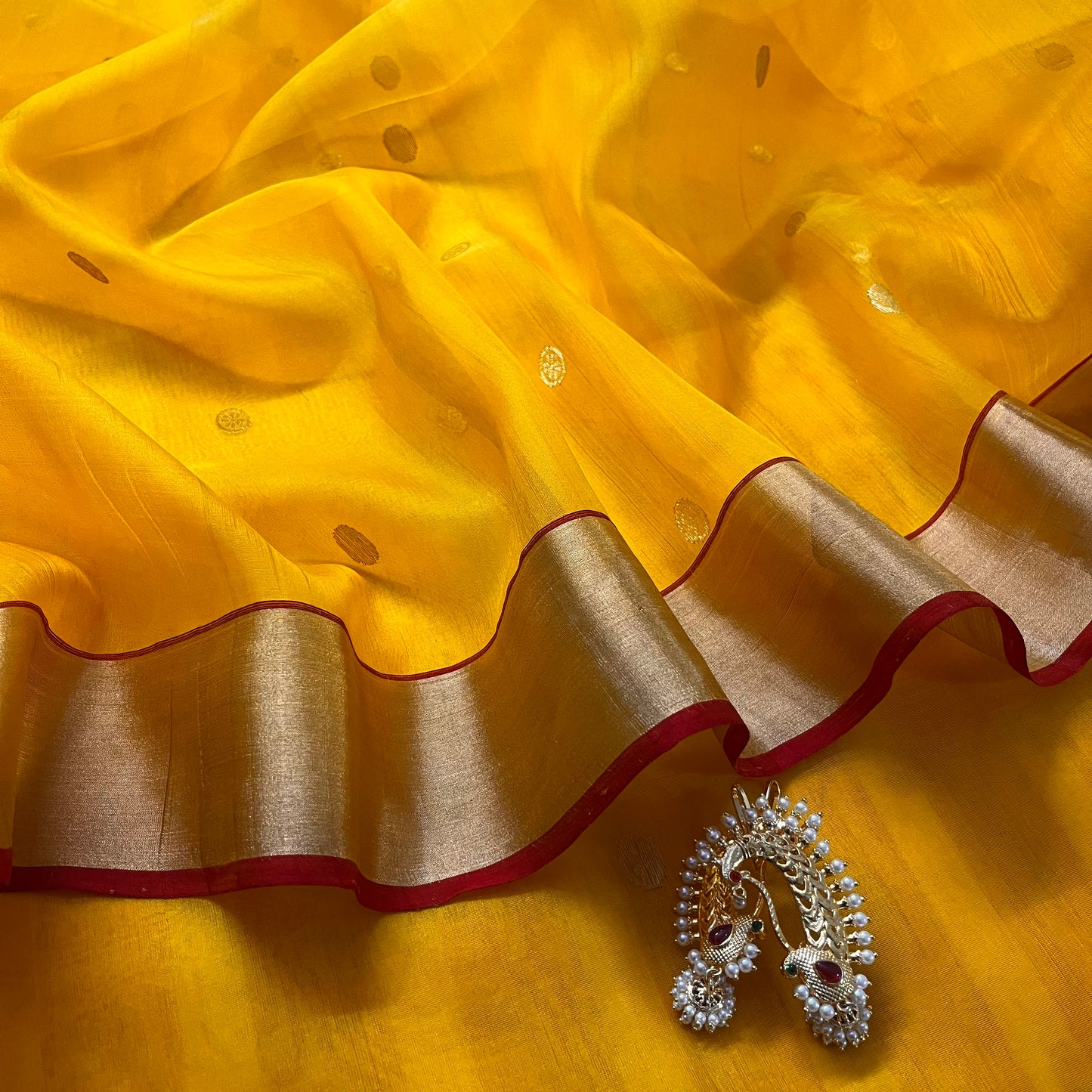 Yellow Chanderi silk saree with zari motifs on pallu