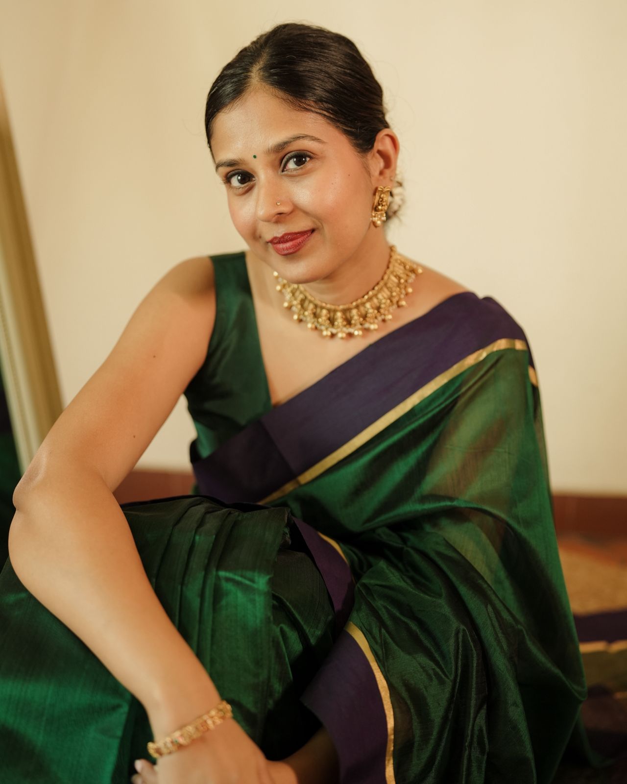 Dark green and blue Chanderi silk saree with silk border