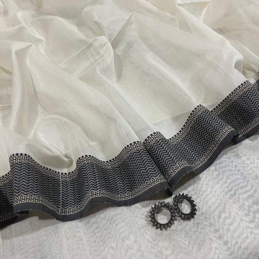White and Black Maheshwari saree with resham border and Threadwork on pallu