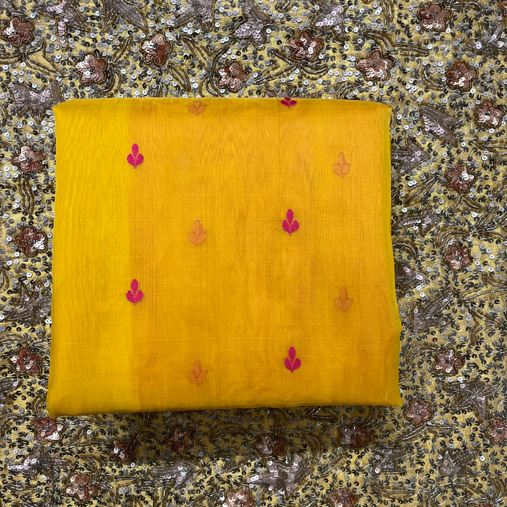 Mustard and pink Chanderi silk saree with resham bootis all over