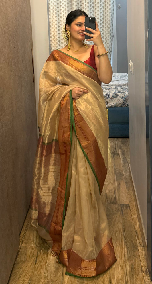 Gold Red & Green Maheshwari tissue saree with zari pattern on pallu