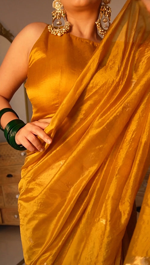 Mustard gold chanderi silk saree with flower bootis all over