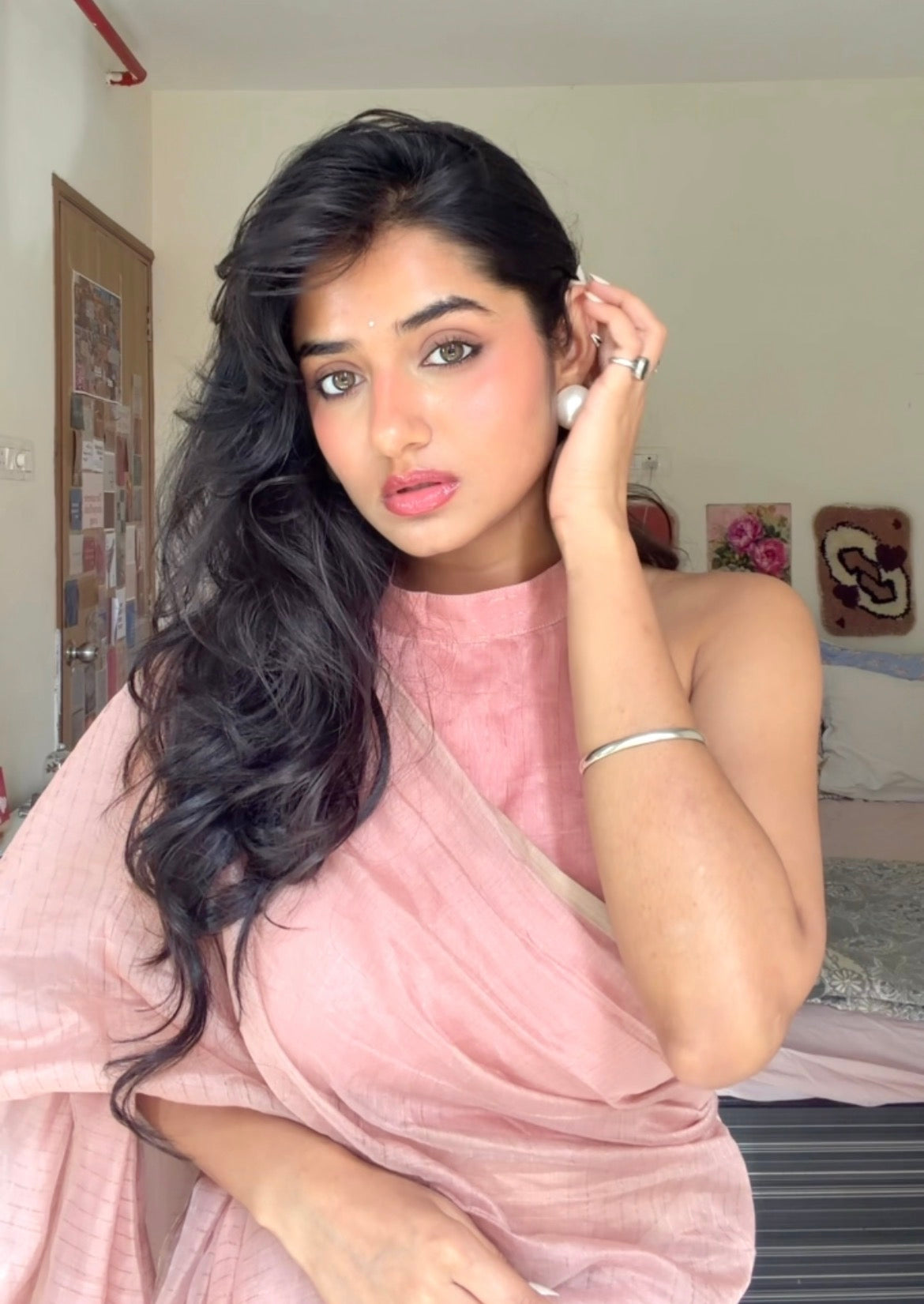 Pastel Pink Maheshwari saree with zari lines all over
