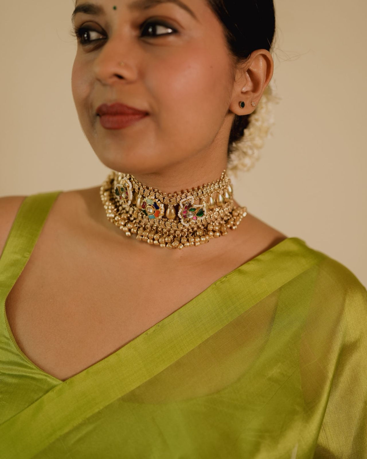 Olive green Chanderi silk saree with silk border