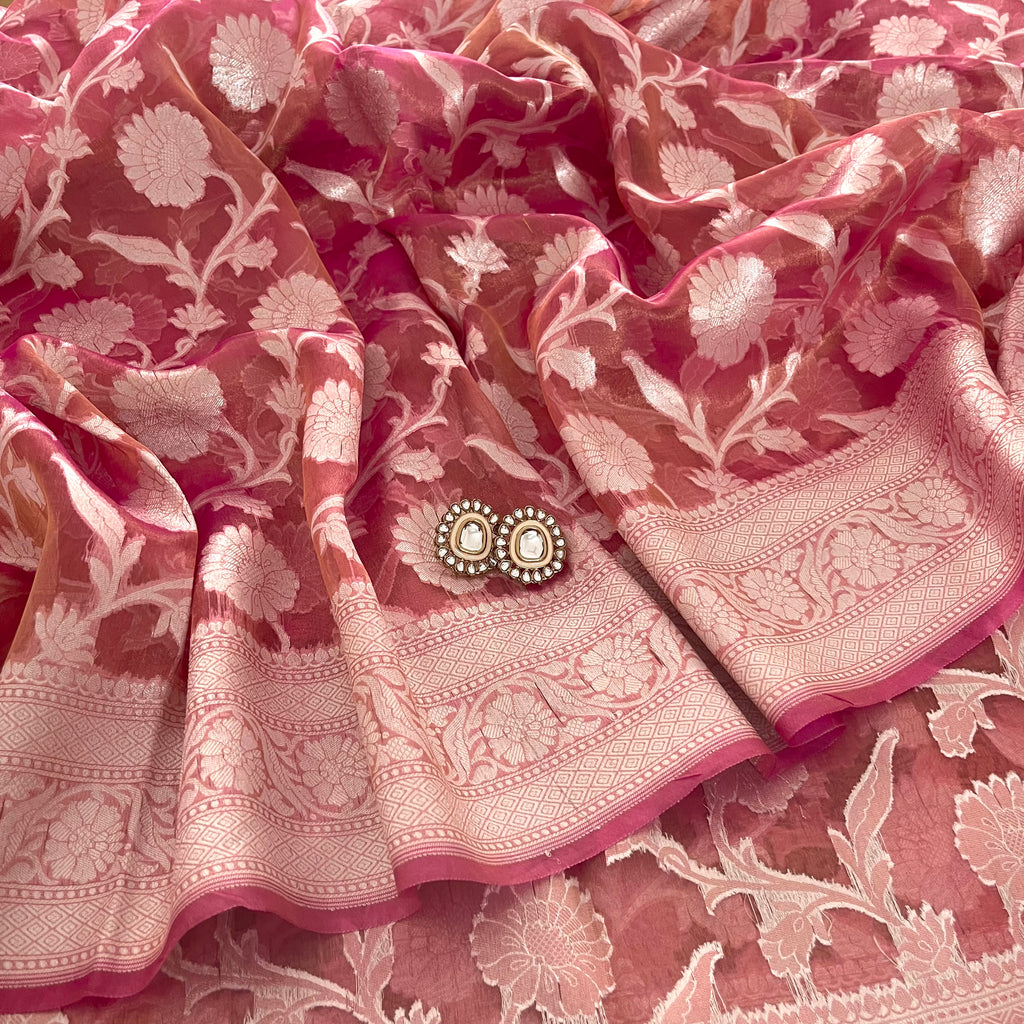 Peachish Pink Banarasi Tissue Silk Saree with Zari Jaal Work all over