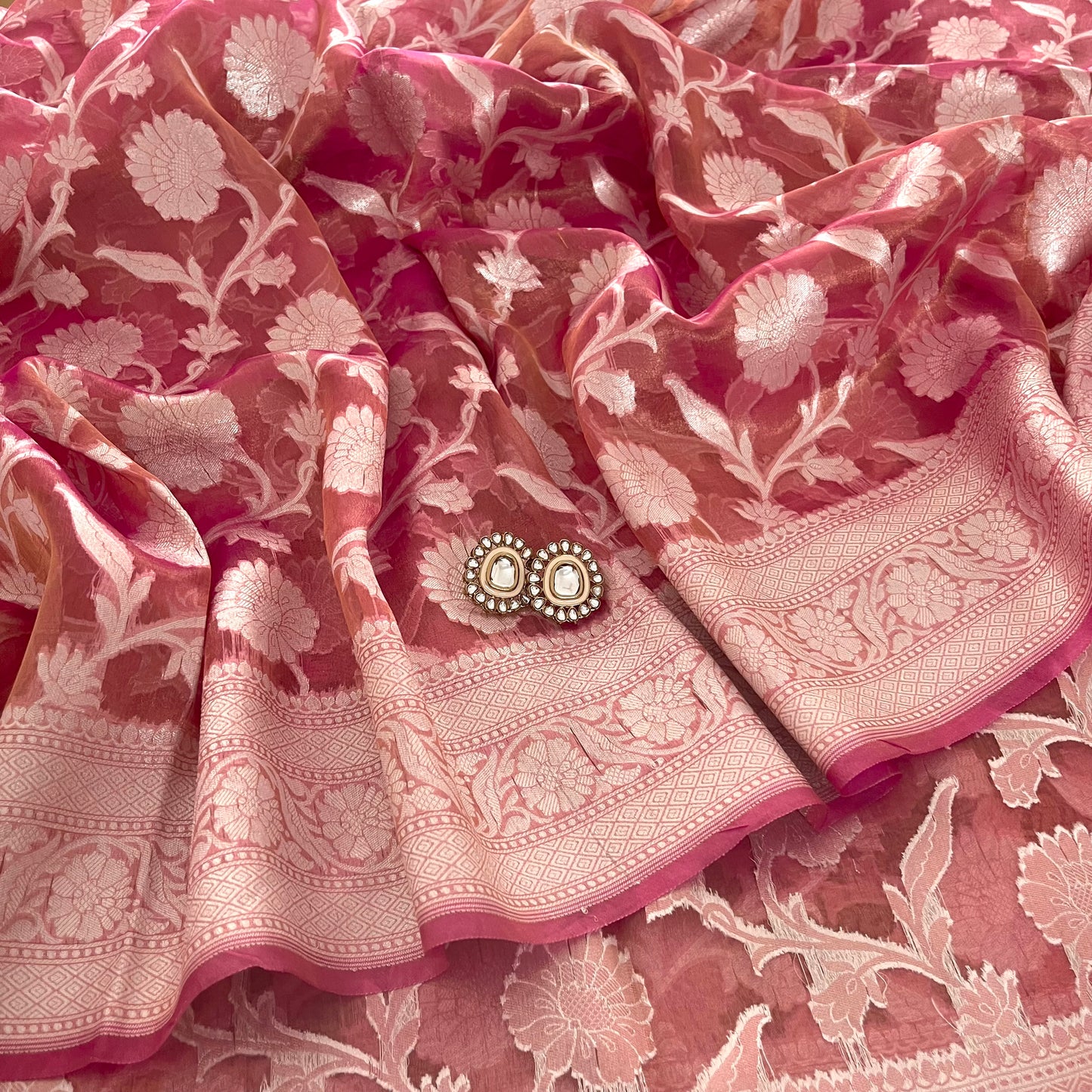 Peachish pink Banarasi tissue silk saree zari jaal work all over