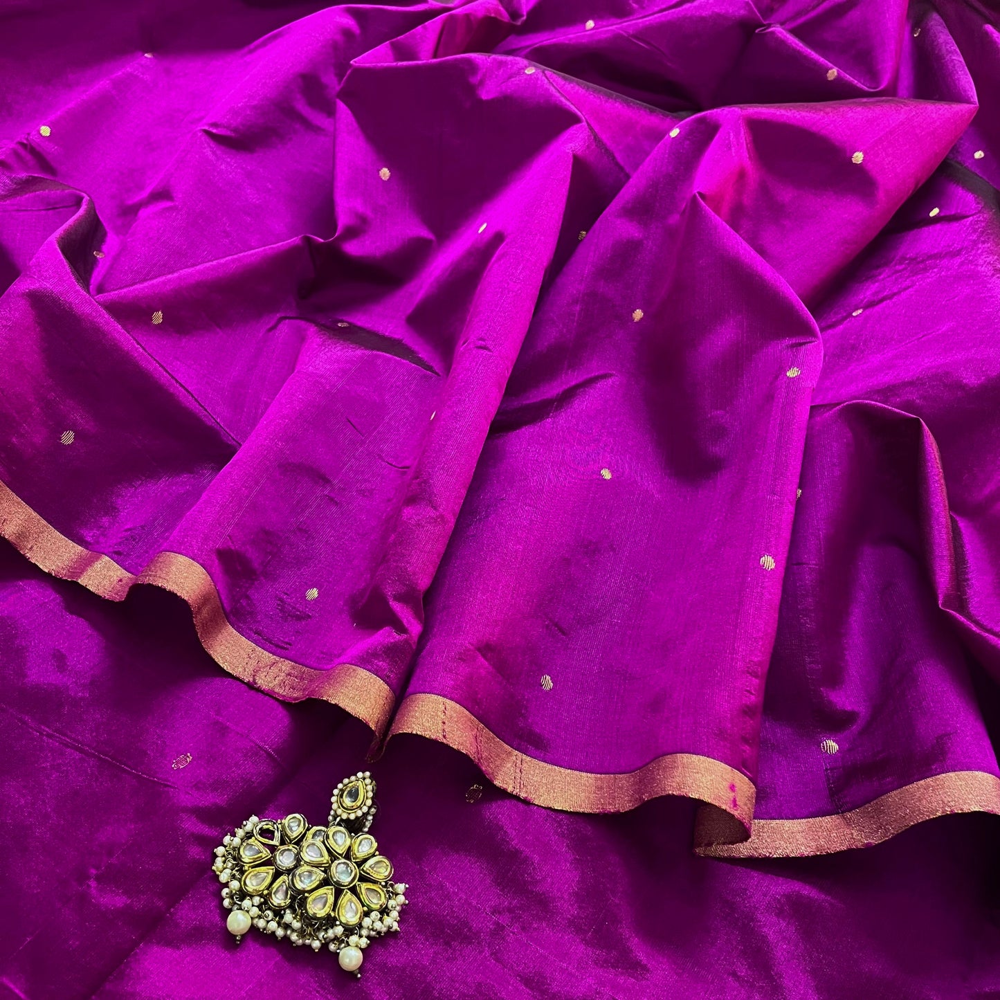 Wine chanderi silk saree with zari bootis all over