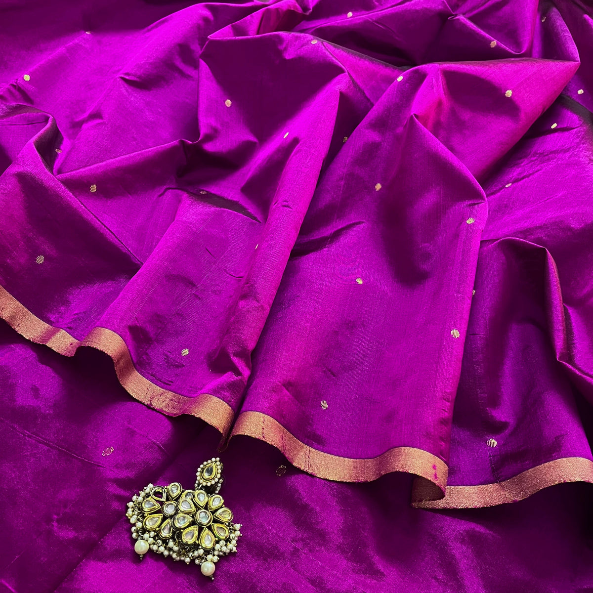 Wine chanderi silk saree with zari bootis all over