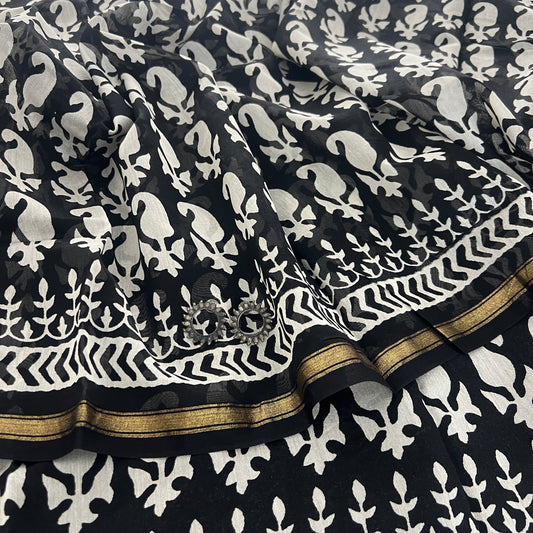 Black and white block print Chanderi saree