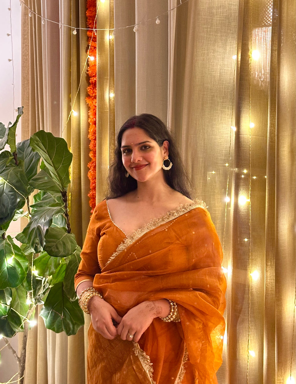 Burnt Orange Chanderi Silk Saree with Zari Bootis all over
