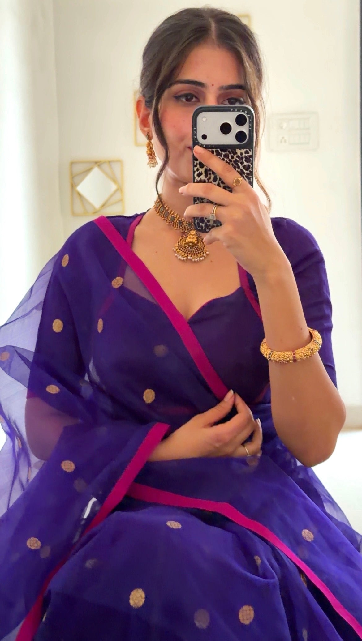 Ready to wear | Dark Purple & Pink Chanderi Organza Silk Saree with Zari Bootis all over