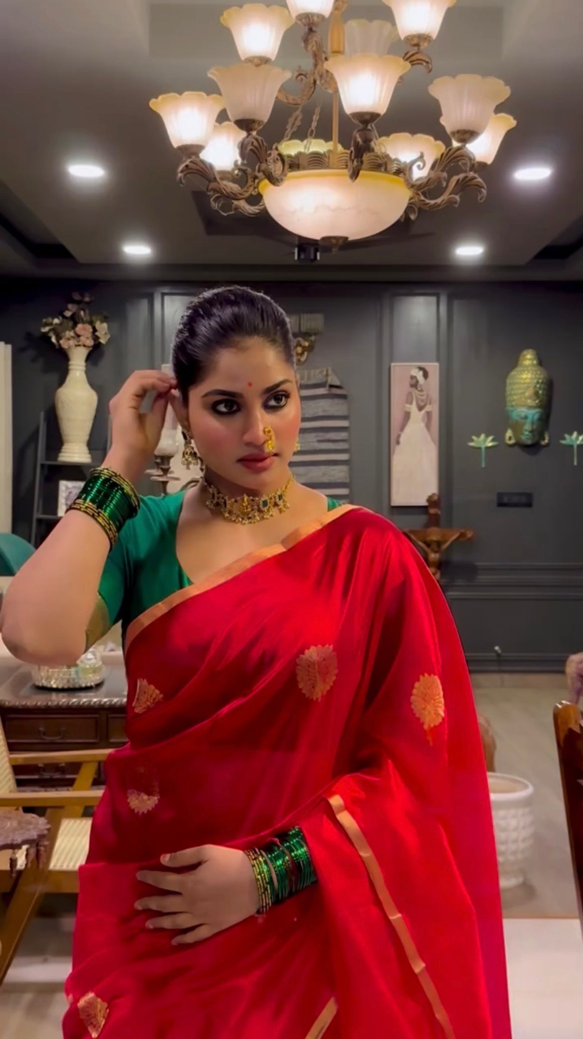 Red Chanderi Silk Saree with Mor Motifs all over