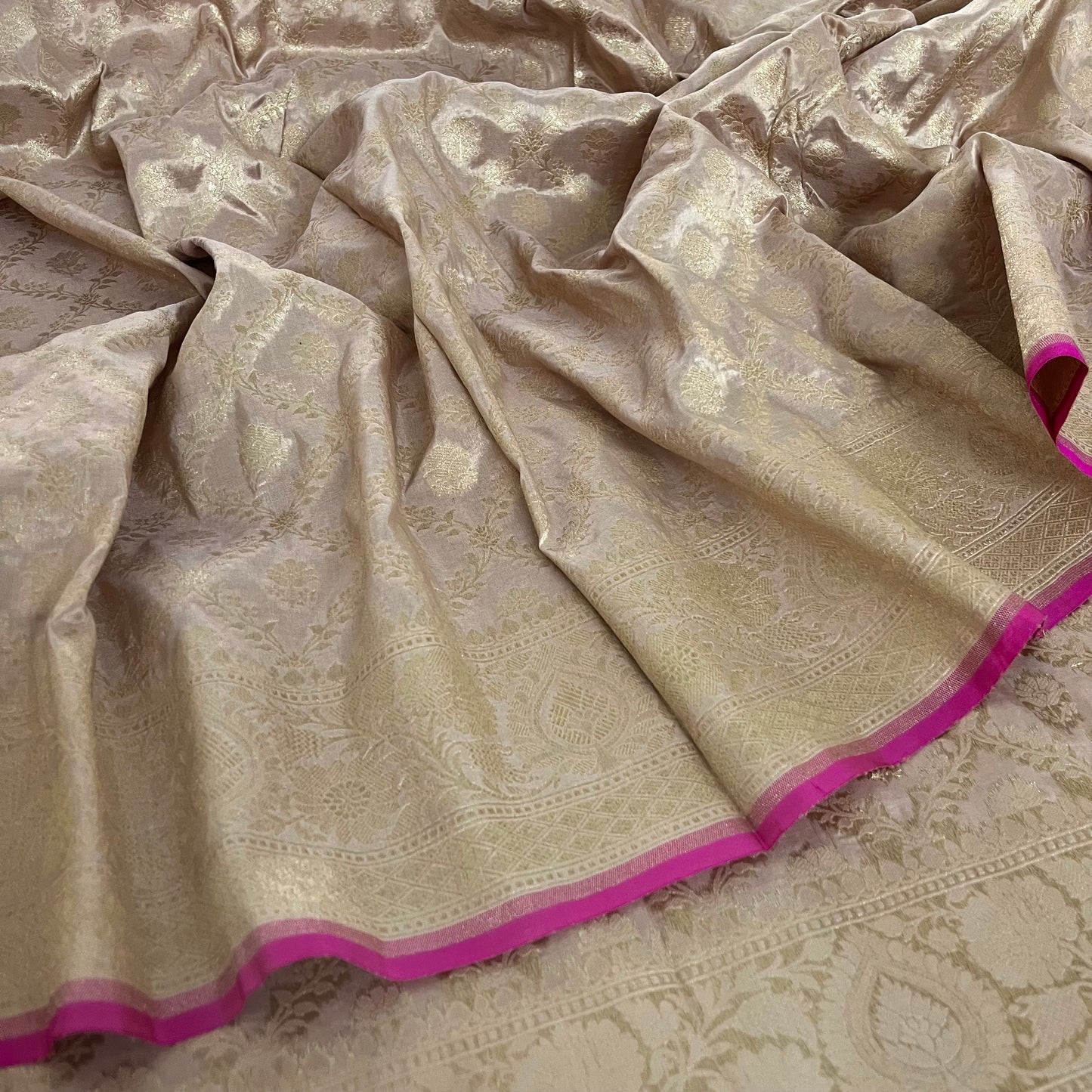 Sand and pink Banarasi katan silk saree with zari jaal work all over