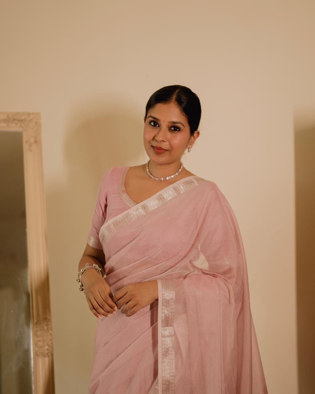 Baby pink Maheshwari saree with checks all over