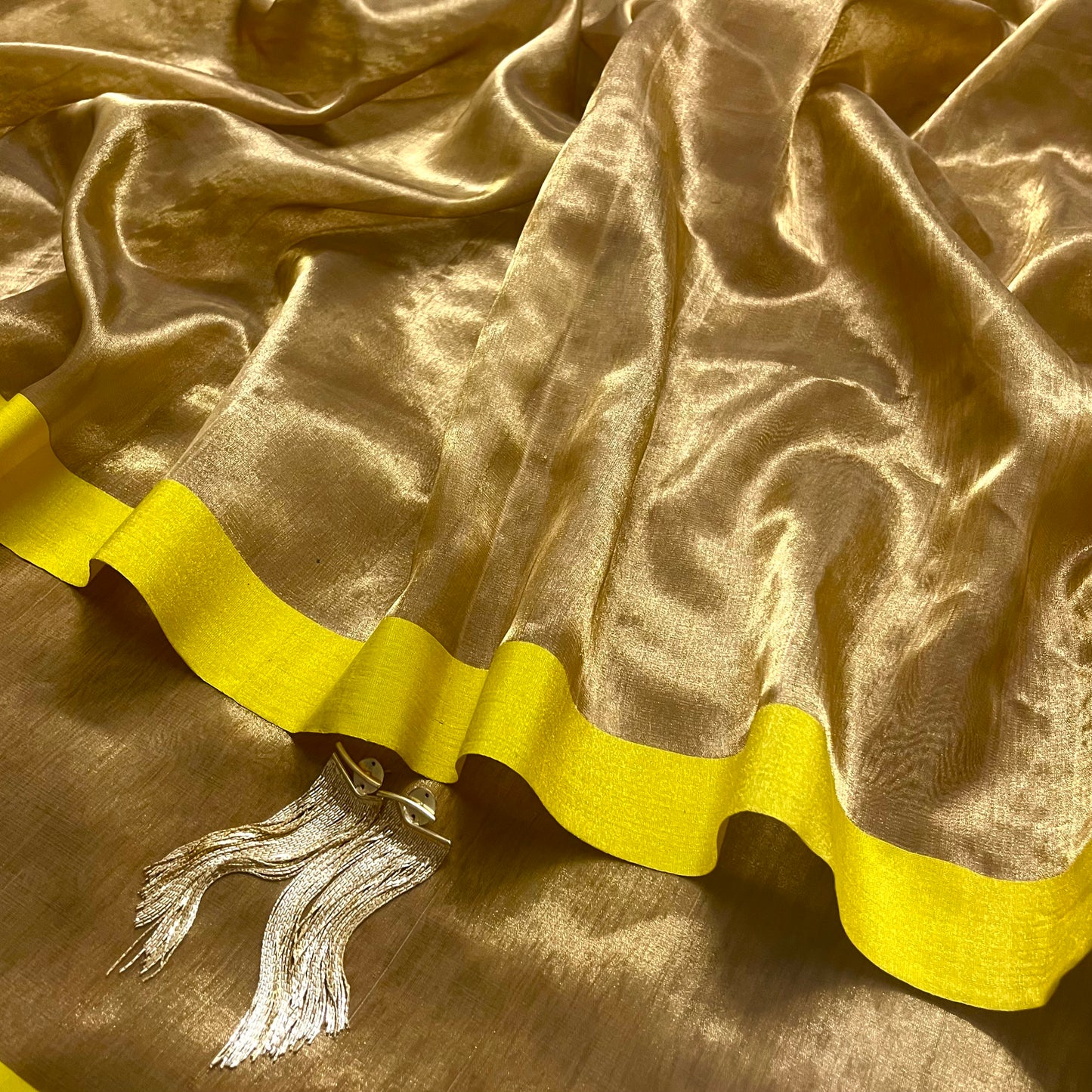 Gold and lemon Chanderi tissue silk with zari lines on pallu