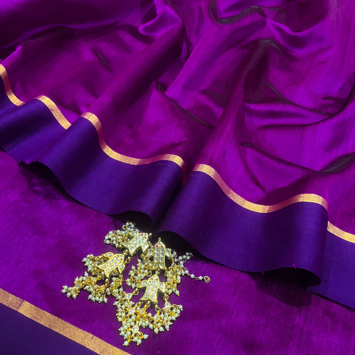 Plum & Blue Chanderi silk saree with zari lines on pallu