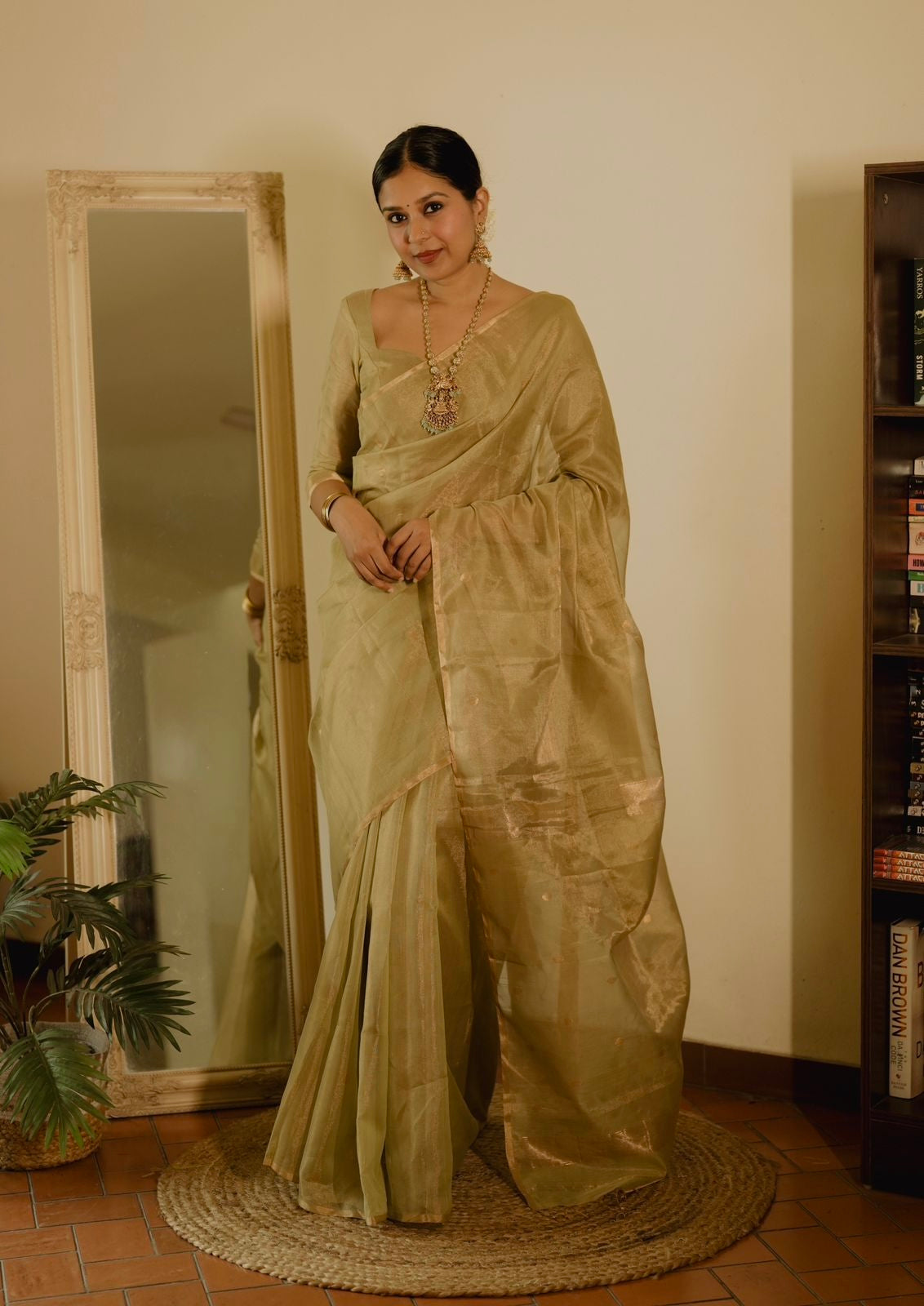 Olive gold Maheshwari tissue silk saree with zari bootis all over