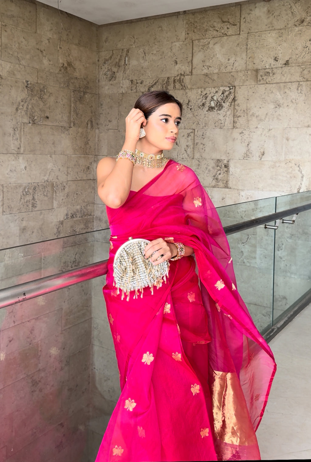 Rani pink Chanderi silk saree with butterfly motifs all over