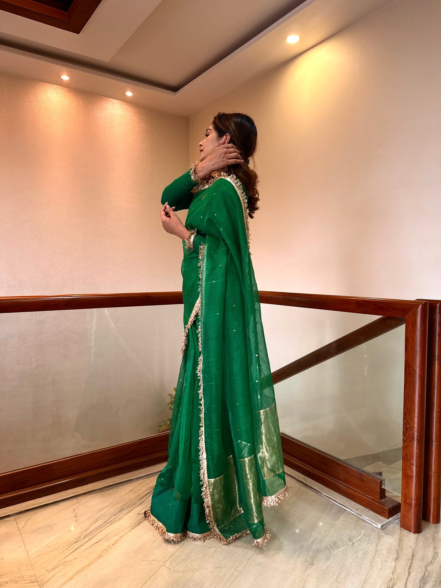 Emerald Green Chanderi silk saree with zari bootis all over