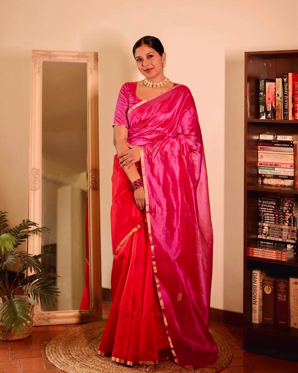 Chili Red and pink Chanderi silk saree with tassels on pallu