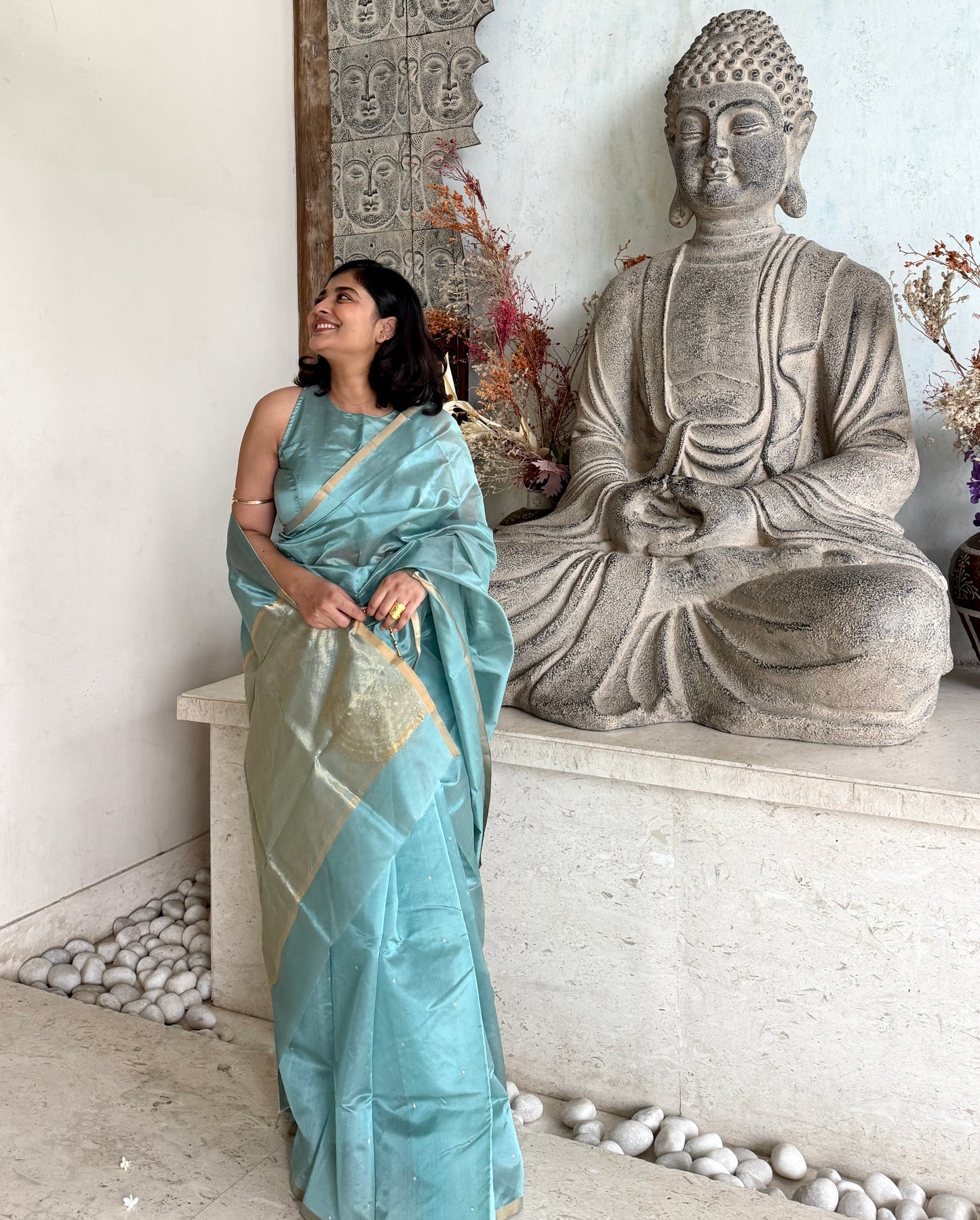 Baby blue chanderi silk saree with zari bootis all over