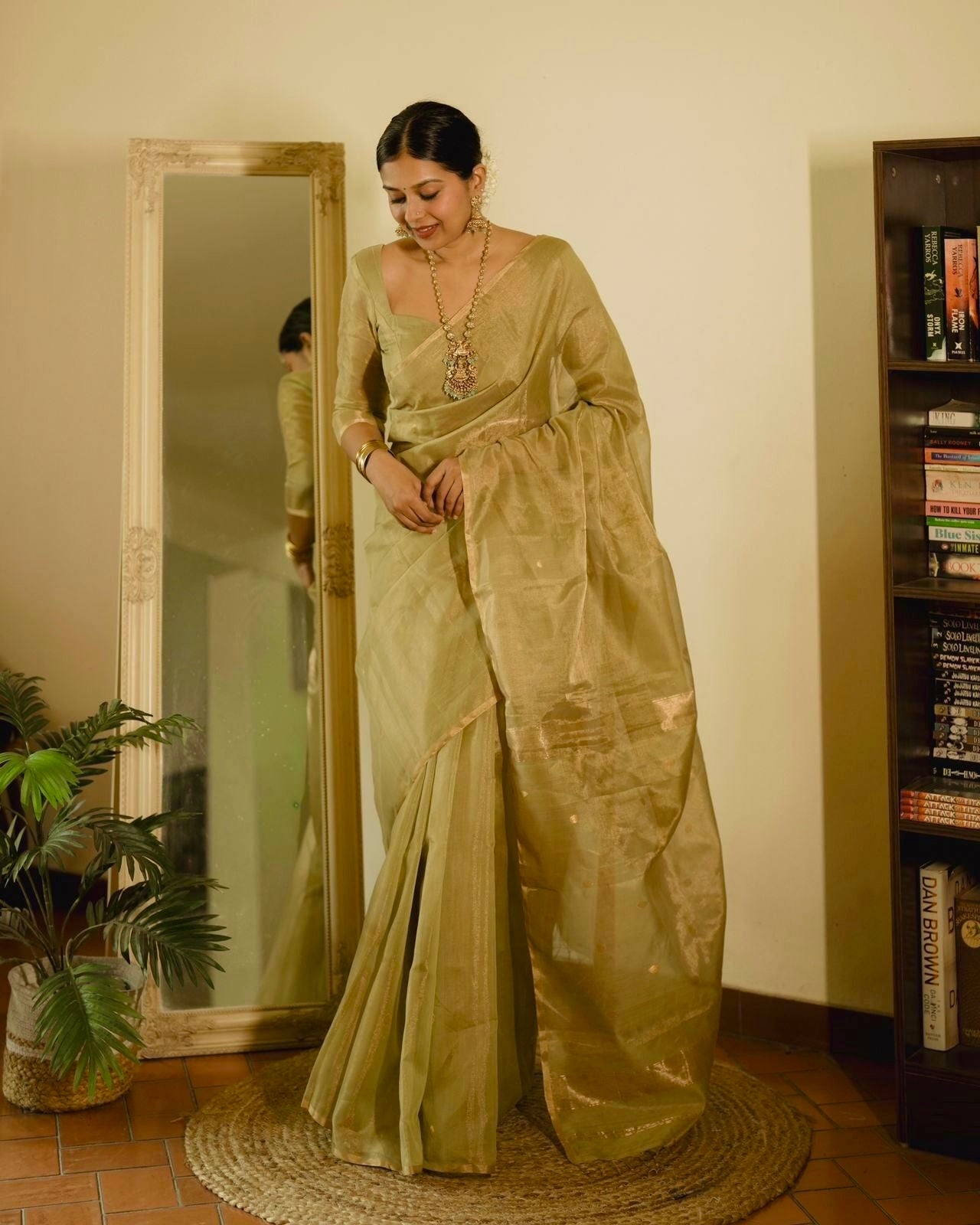 Olive gold Maheshwari tissue silk saree with zari bootis all over