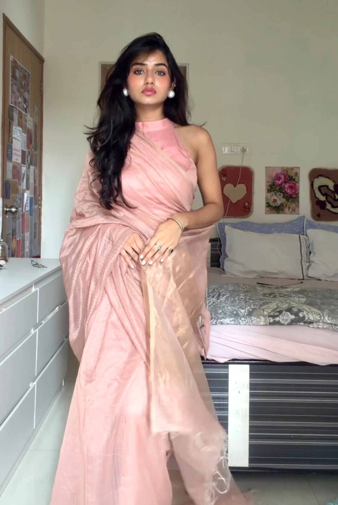 Pastel Pink Maheshwari saree with zari lines all over