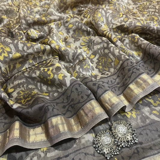 Grey Maheshwari saree with ajrakh print all over