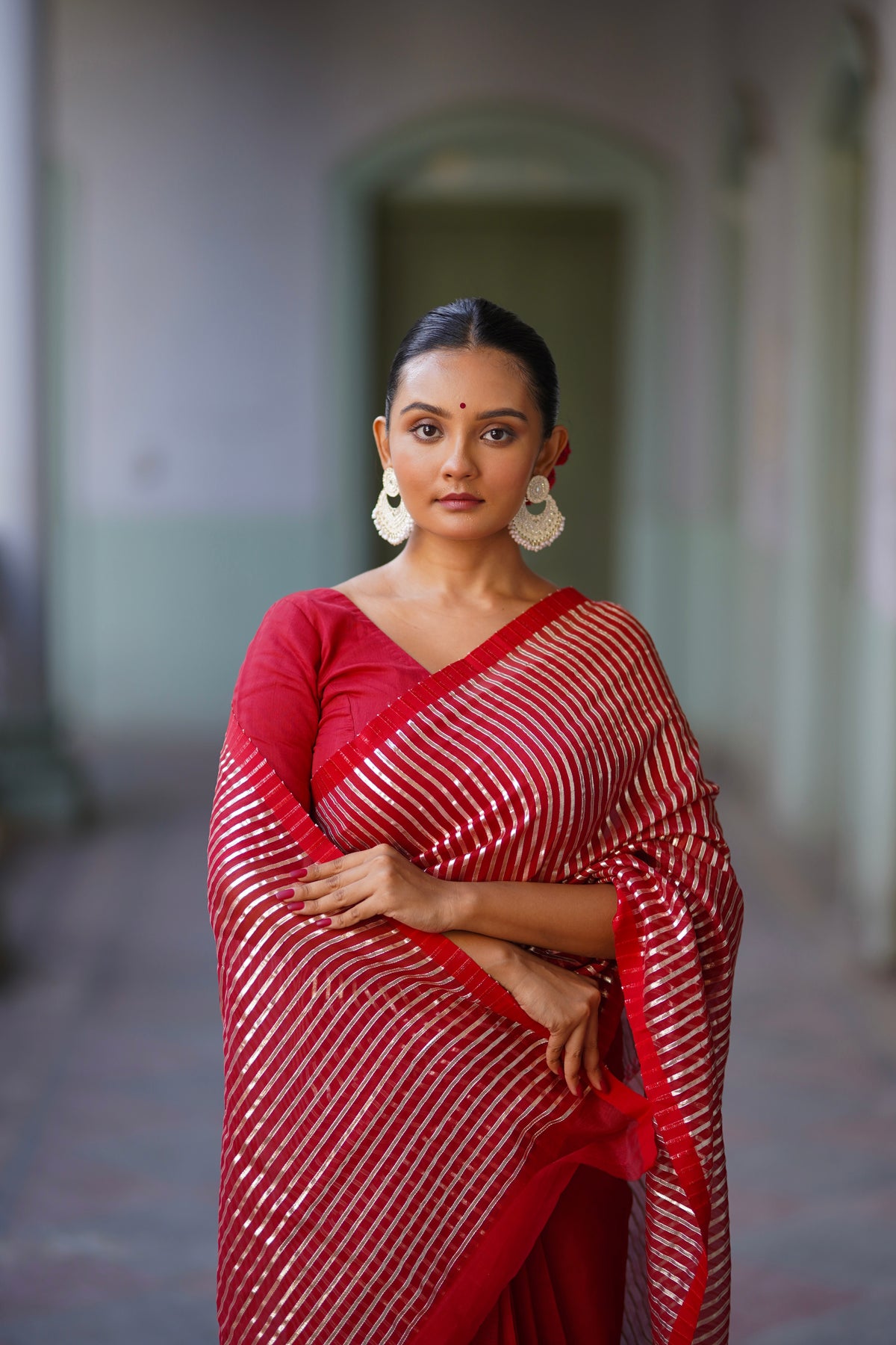Deep red chanderi saree with intricate gota work all over
