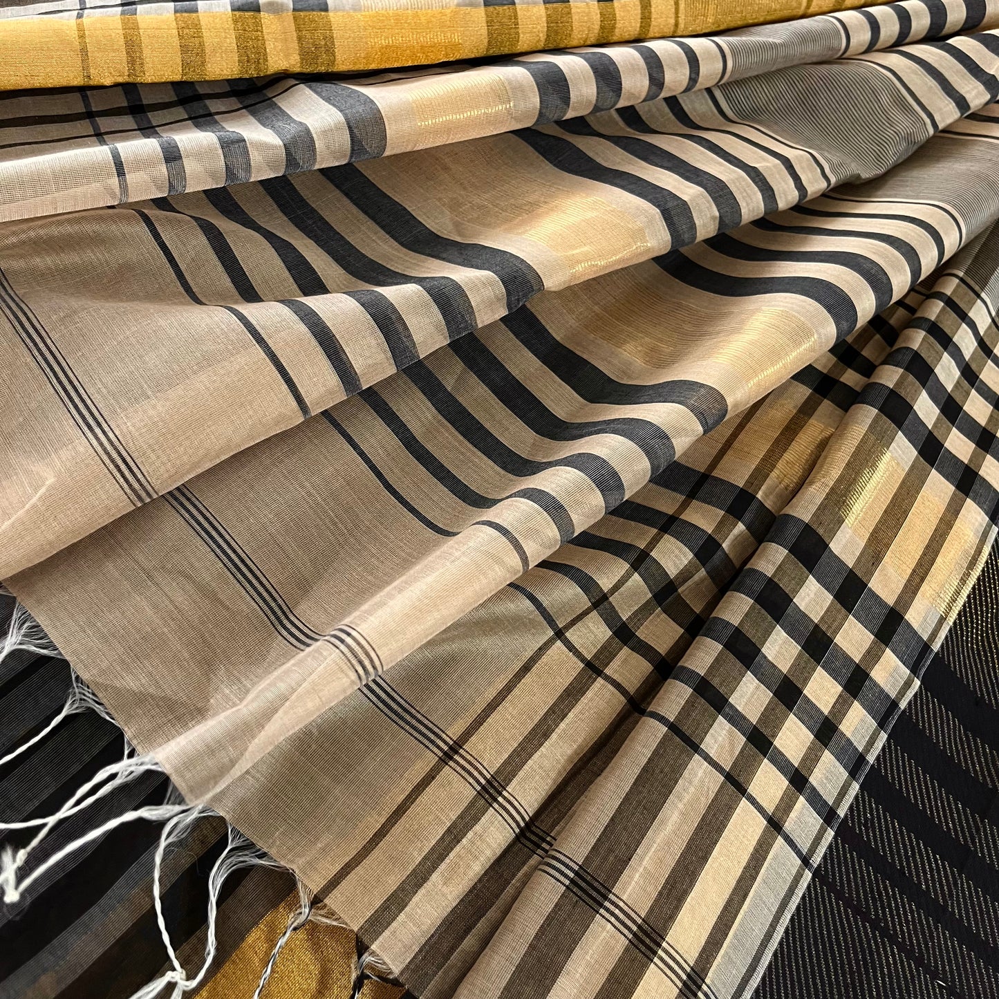 Beige and Black Maheshwari saree with resham border