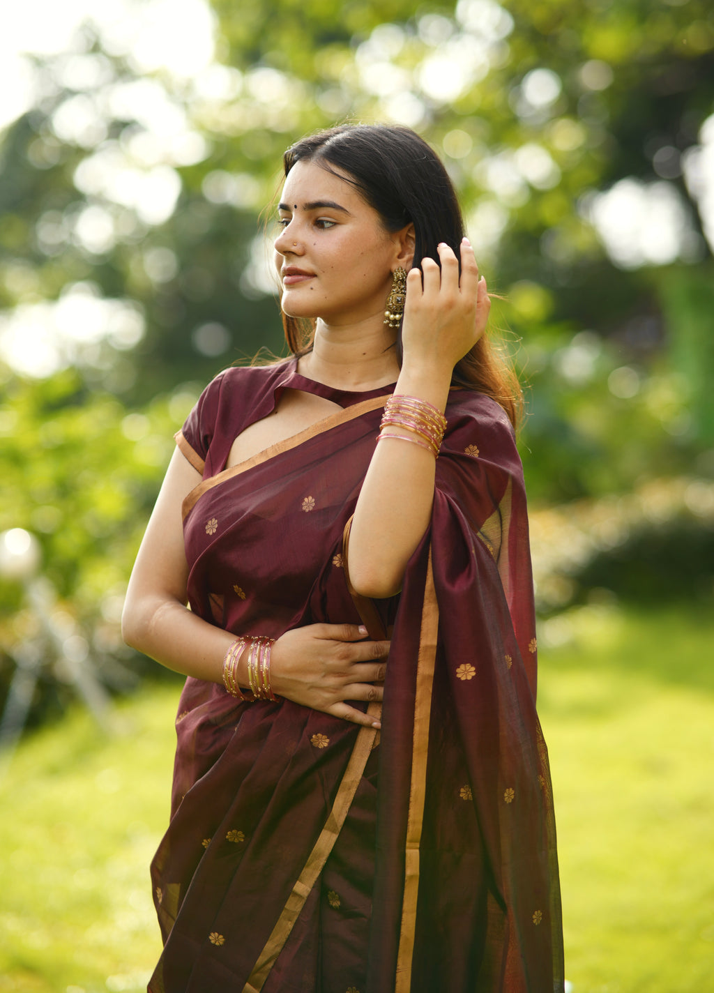 Mahogany Chanderi silk saree with flower bootis all over