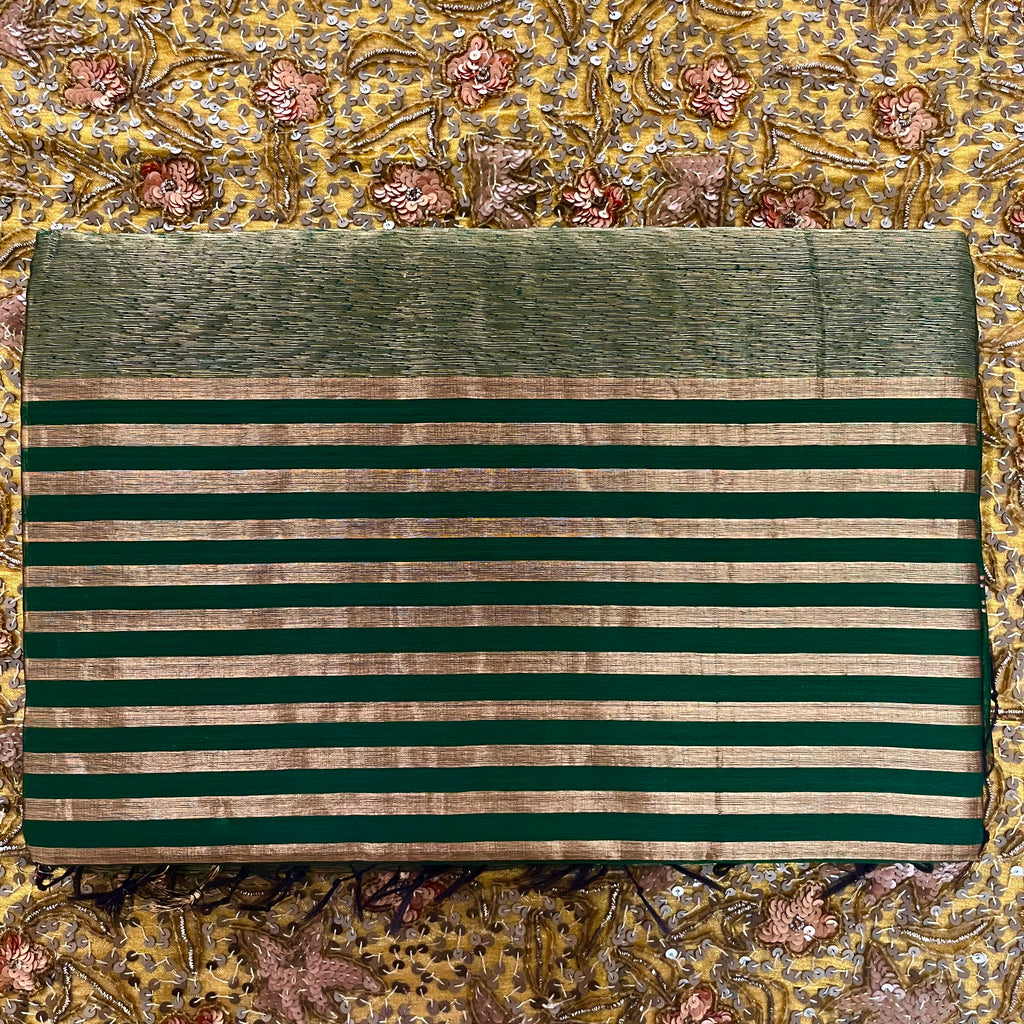 Dark green Maheshwari saree with zari stripes all over