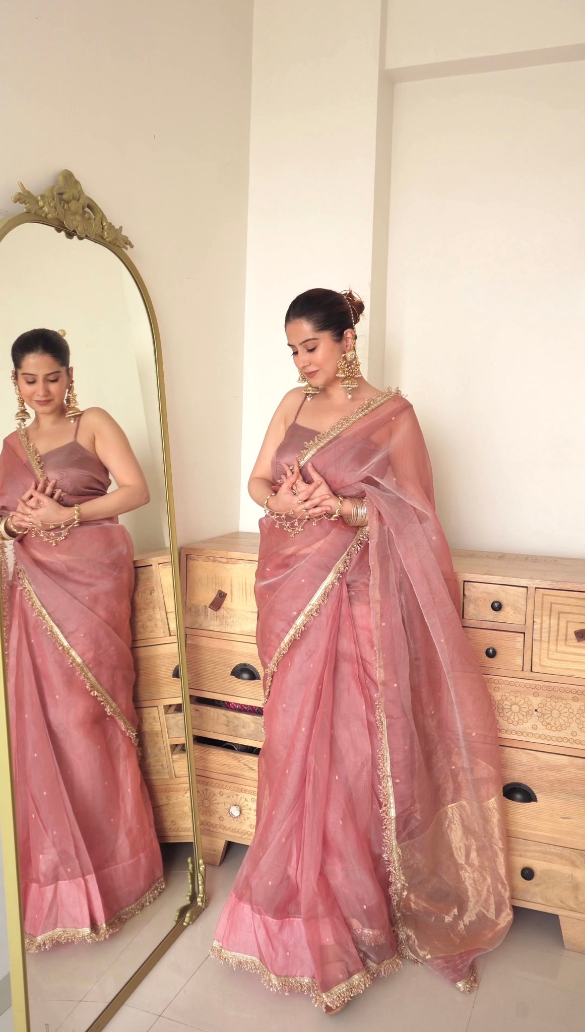 Dusty Pink Chanderi silk saree with zari bootis and zari border all over