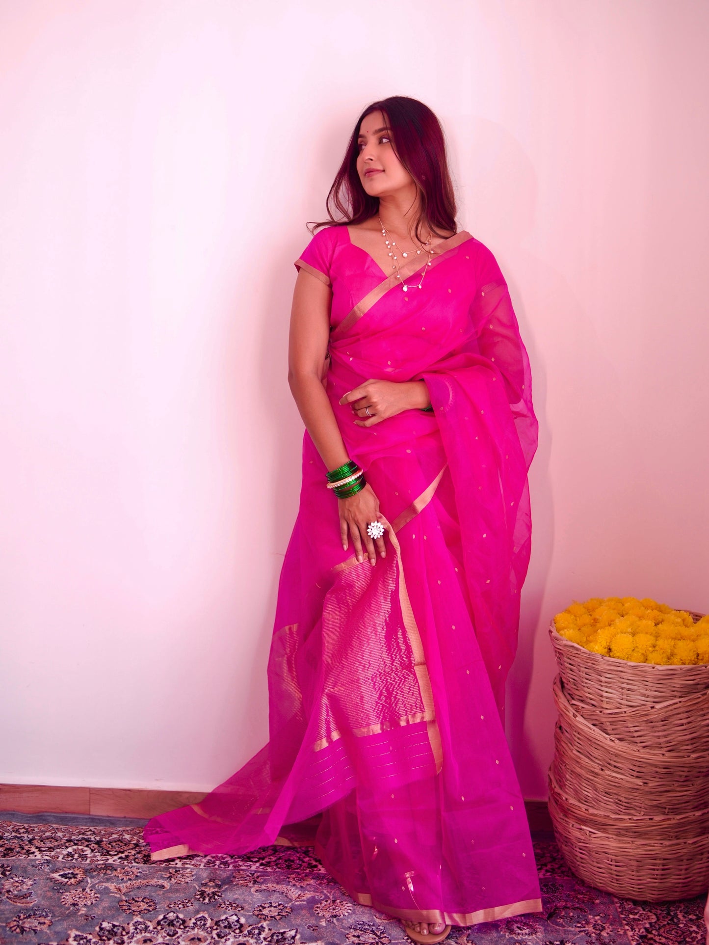 Fuschia pink Chanderi silk saree with zari bootis all over