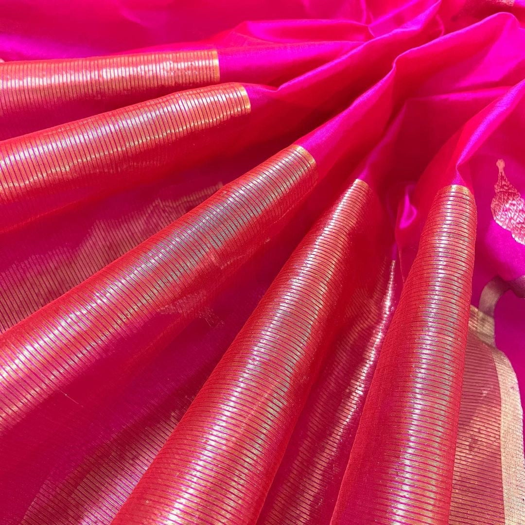 Rani pink chanderi silk saree with jhoomar motifs all over