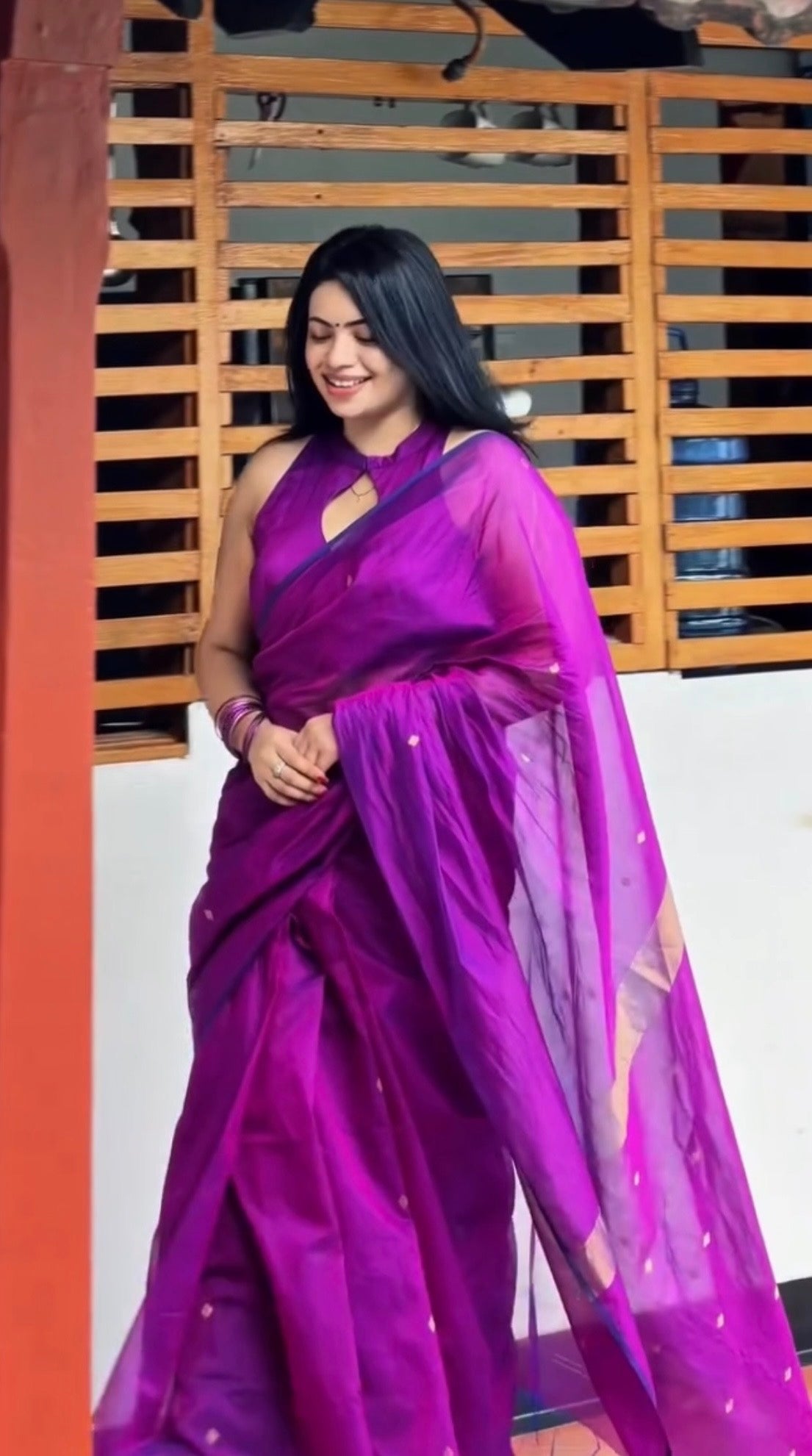 Violet dual tone Maheshwari saree with zari bootis all over