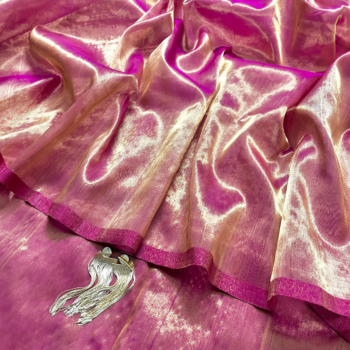 Pink and gold chanderi tissue silk saree