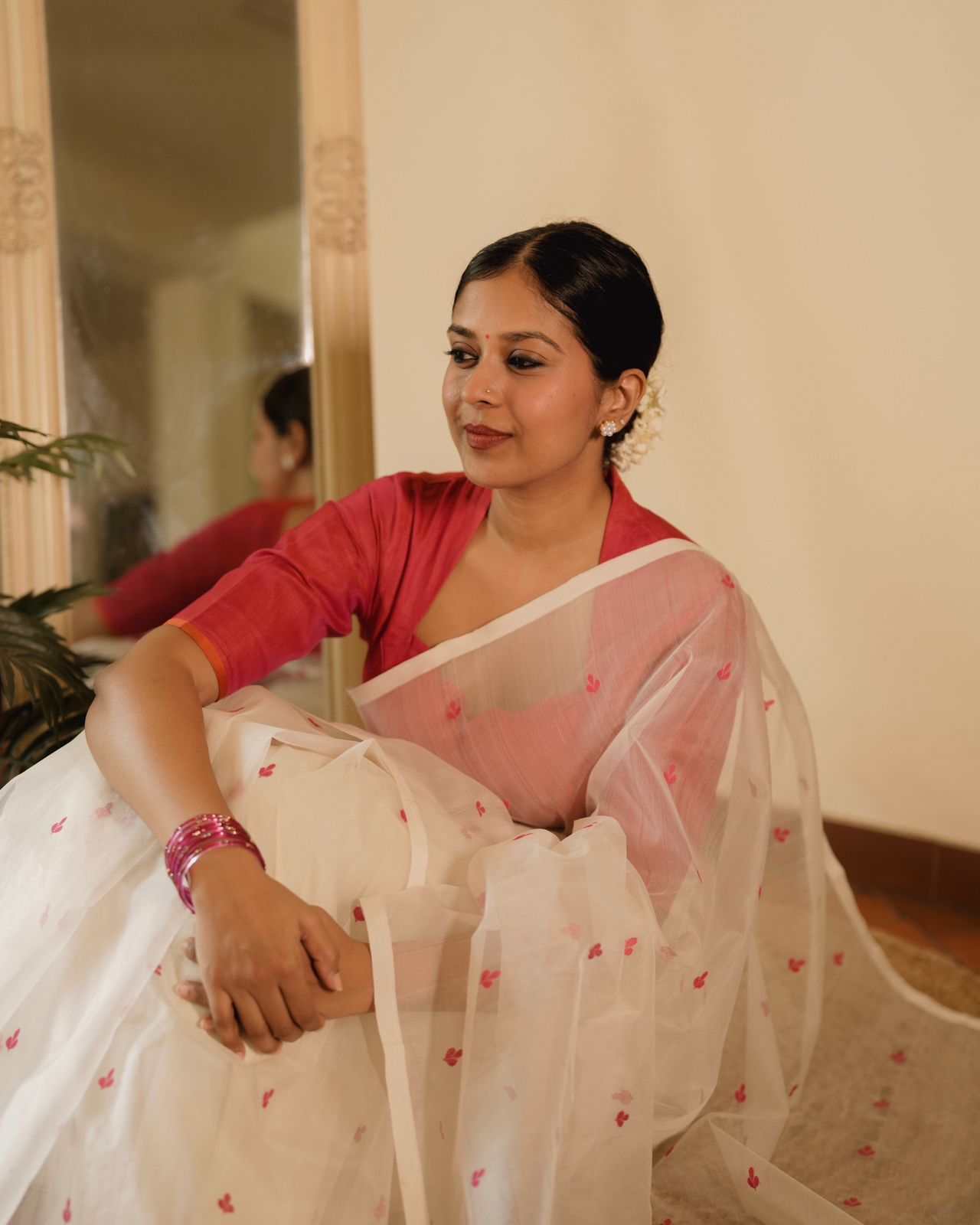 Off white and pink Chanderi silk saree with resham bootis all over