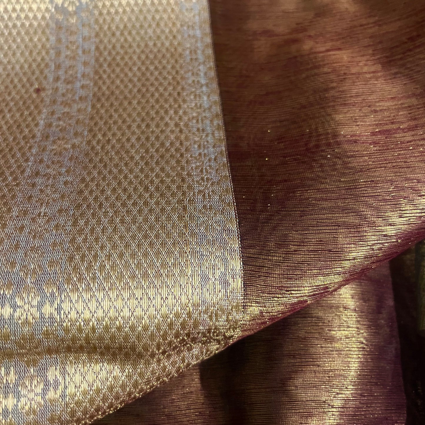 Antique gold and red Maheshwari tissue silk saree with zari pattern on pallu