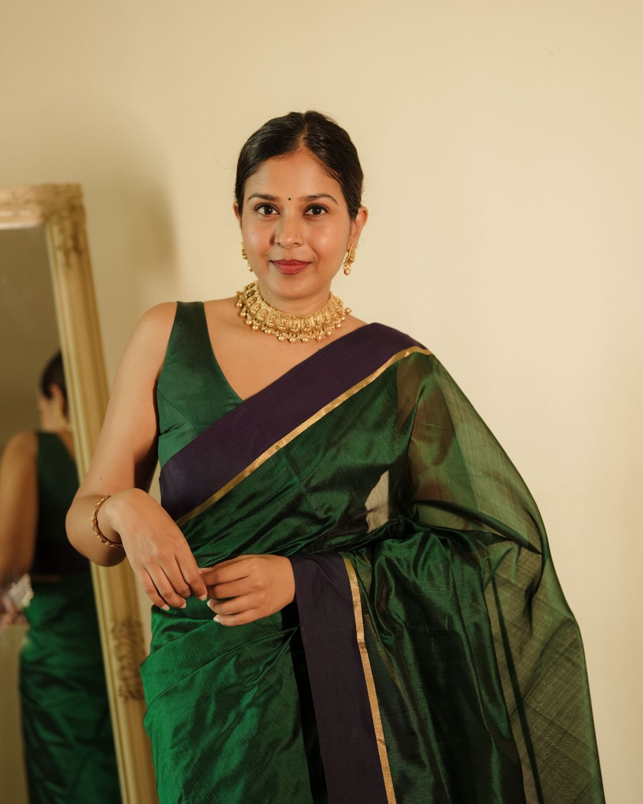 Dark green and blue Chanderi silk saree with silk border