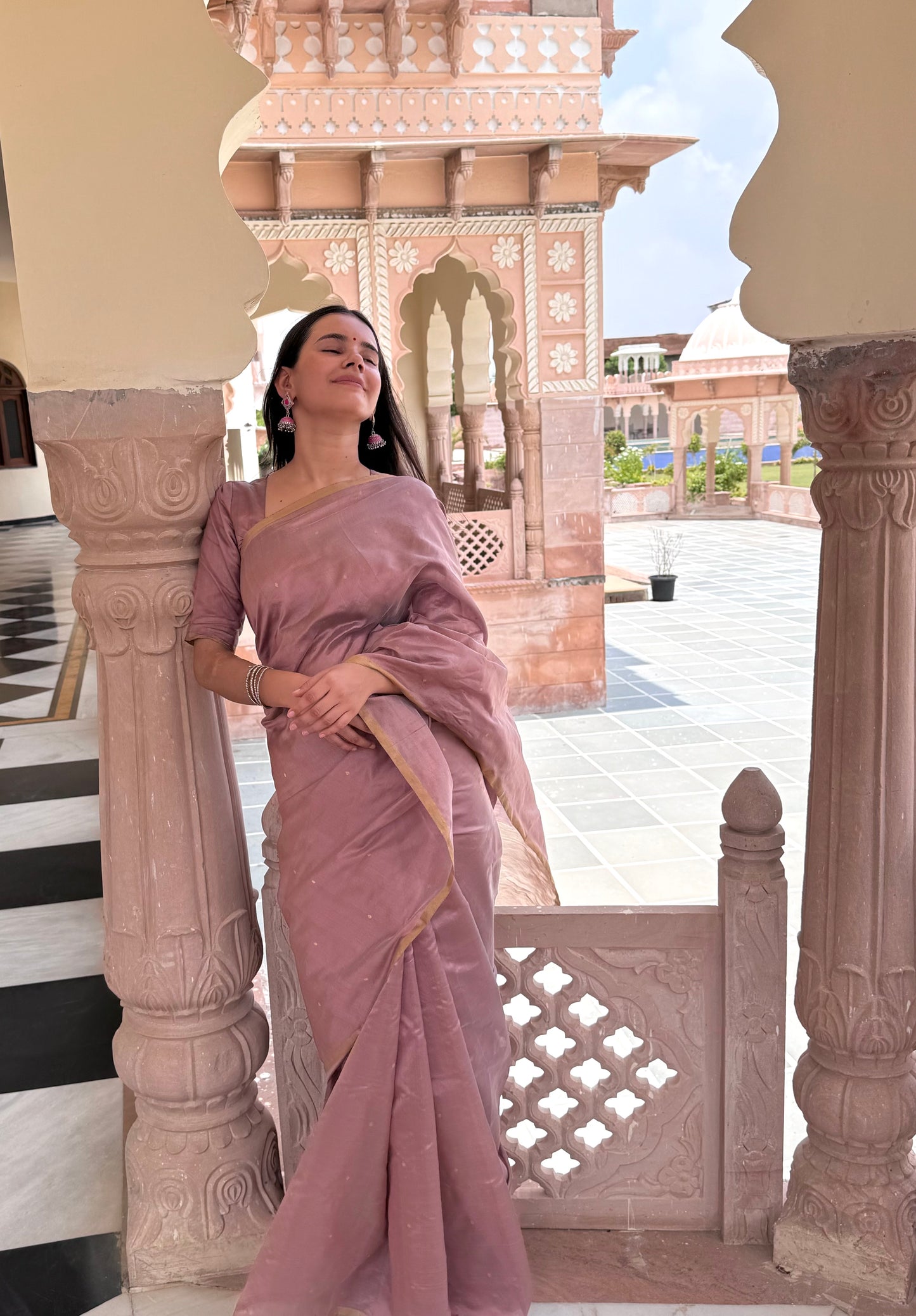 Dusty pink chanderi silk saree with zari bootis all over