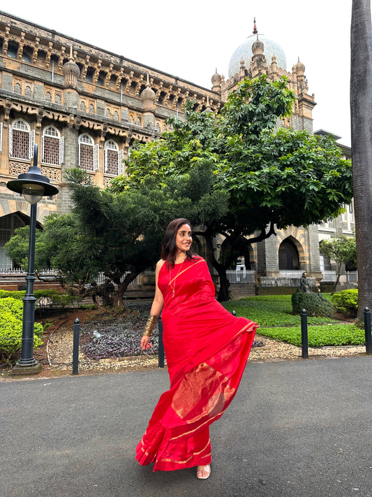 Red Chanderi Silk Saree with Tissue Border