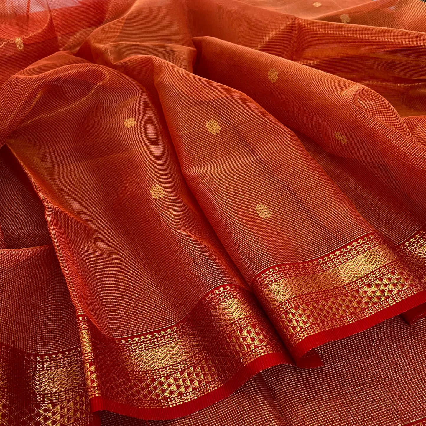 Red and gold Maheshwari silk saree with zari jaal work on pallu
