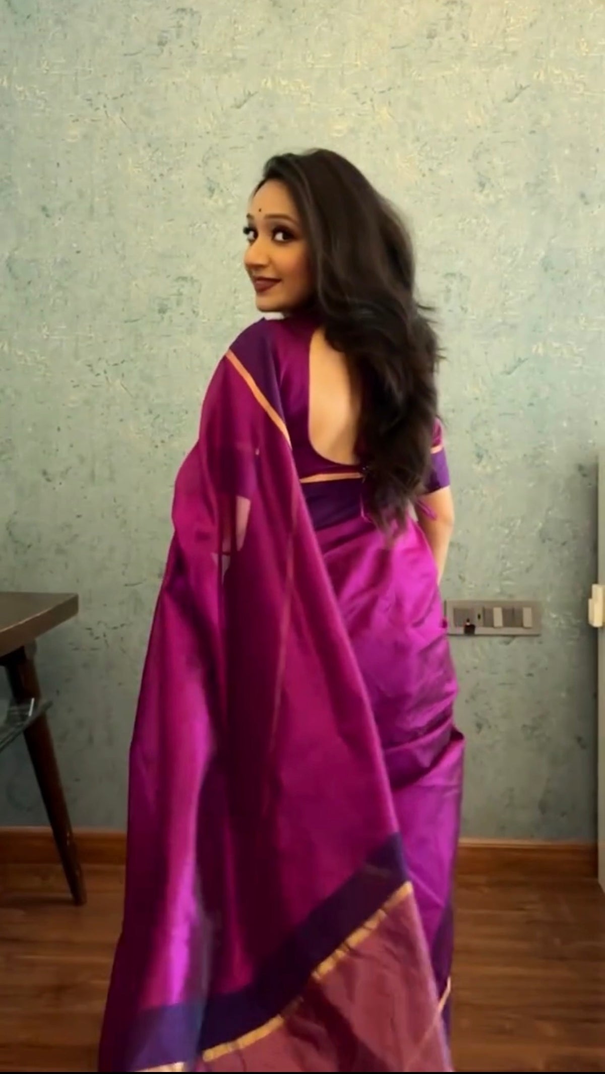Plum & Indigo Chanderi silk saree with zari lines on pallu