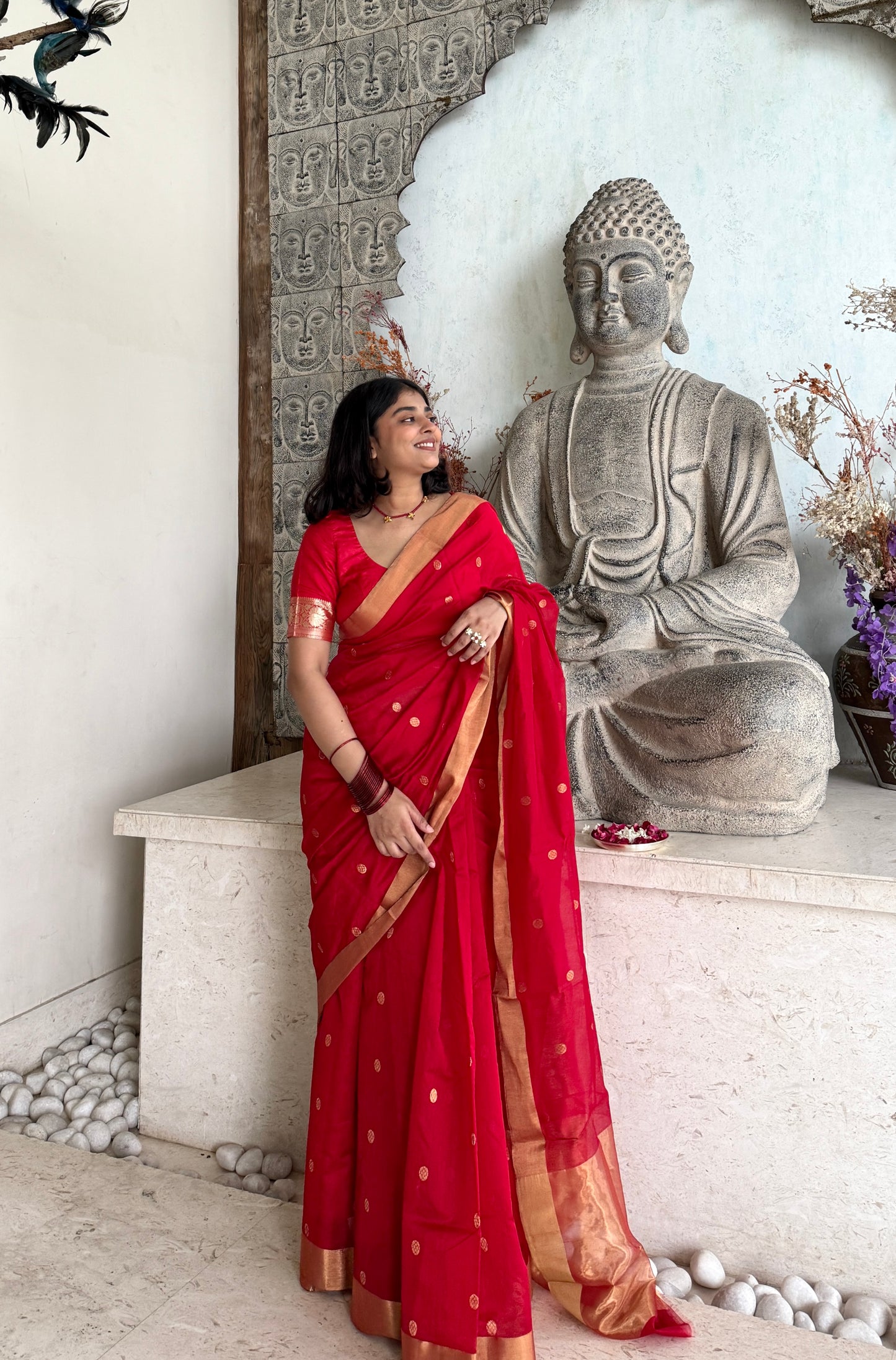 Red Chanderi Saree with zari bootis all over