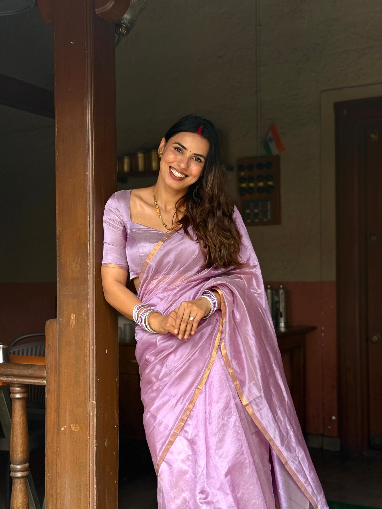 Mauve Chanderi silk saree with zari bootis all over