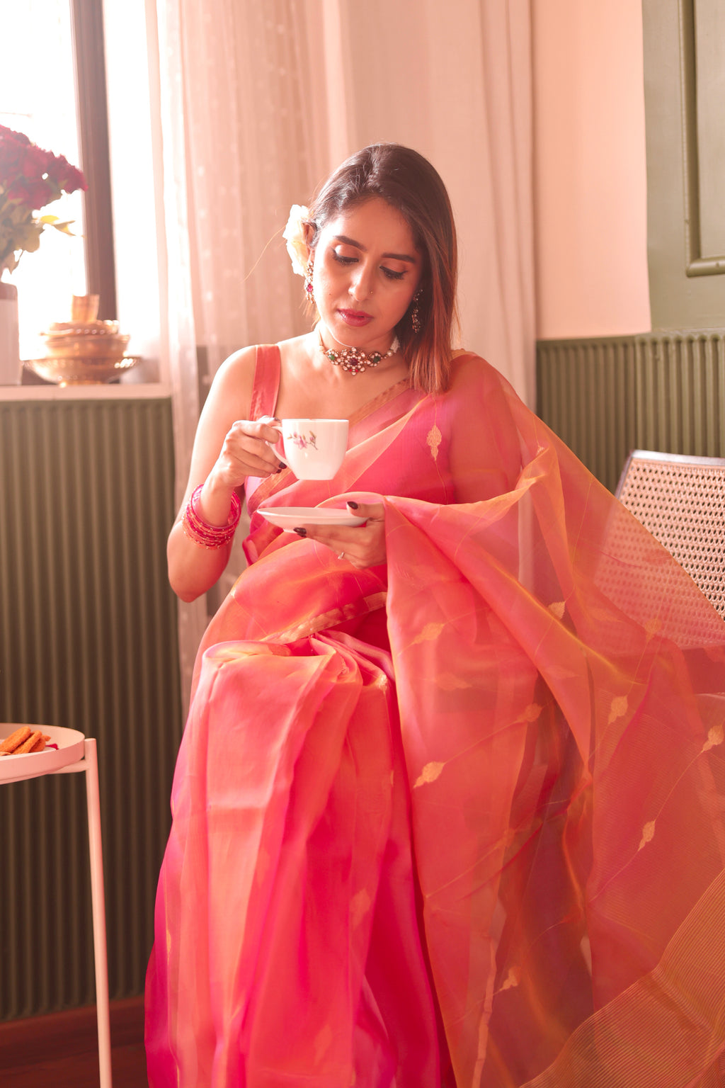 Coral pink dual tone Chanderi organza silk saree with jhumka motifs all over