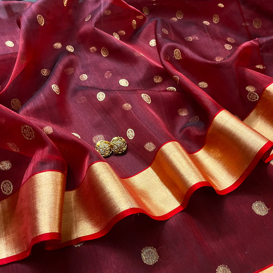 Maroon Chanderi silk saree with zari motifs on pallu
