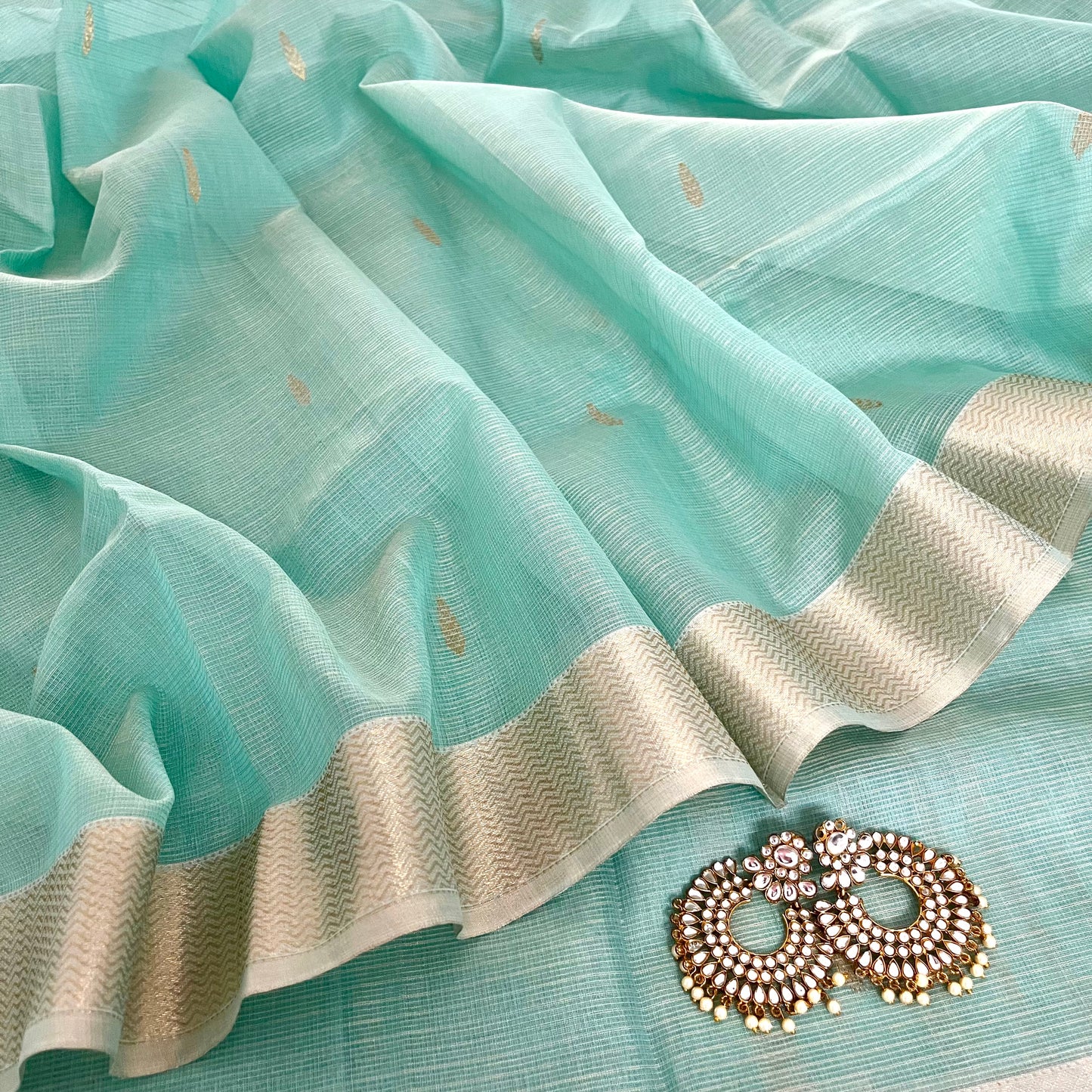 Light blue Maheshwari silk saree with zari checks all over
