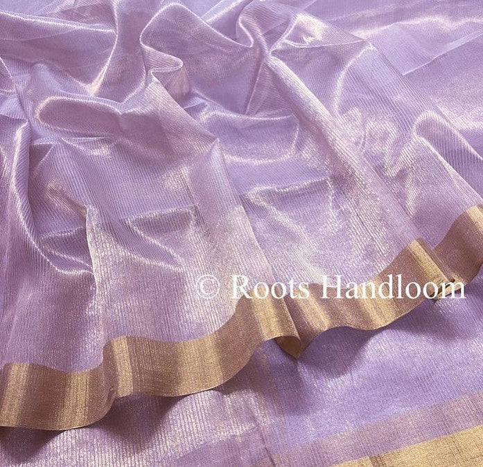 Mauve Maheshwari saree with gold zari lines all over